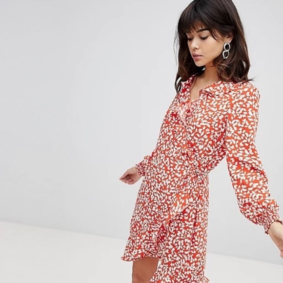 Vero Moda Printed Ruffle Wrap Sleeved Knee High Dress Size Large L - Picture 2 of 16